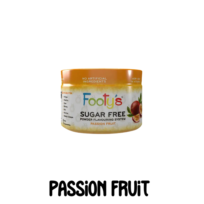 A container of Footy's Passion Fruit sugar-free powdered drink mix 