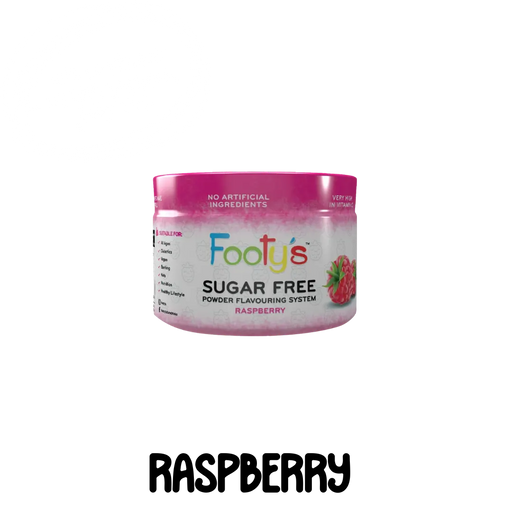A container of Footy's Raspberry flavoured sugar-free powdered drink mix 