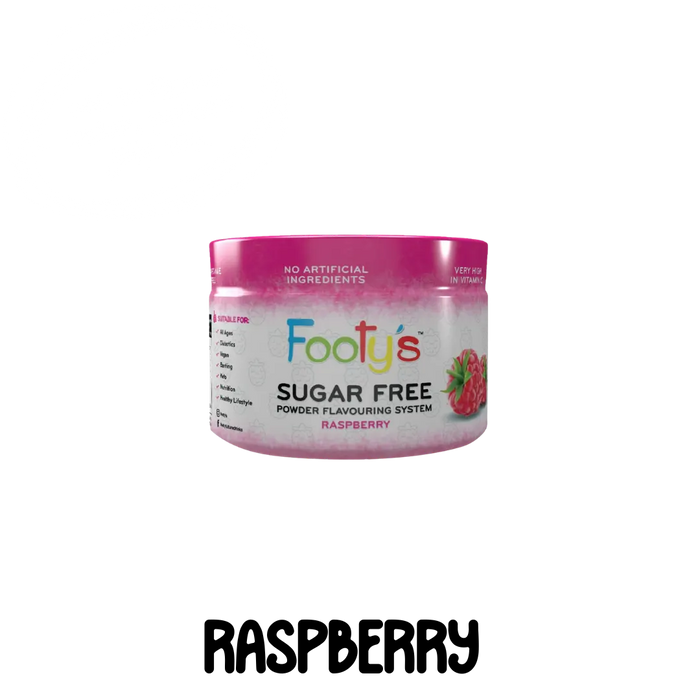 A container of Footy's Raspberry flavoured sugar-free powdered drink mix 