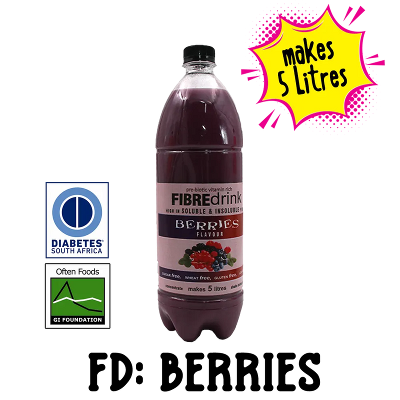 1L Sugarfree Diabetic Keto Fibre Drink Berries with branding and diabetes sa certification logos on a clear background