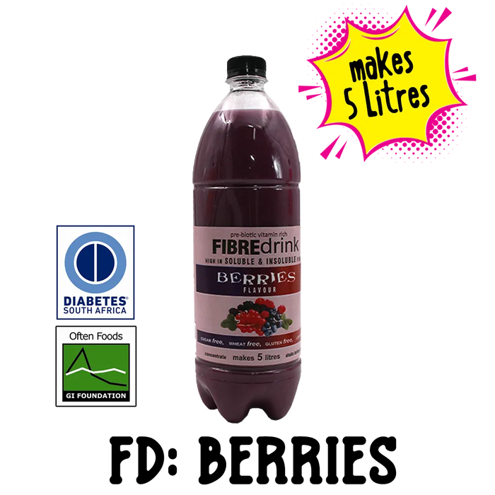 1L Sugarfree Diabetic Keto Fibre Drink Berries with branding and diabetes sa certification logos on a clear background