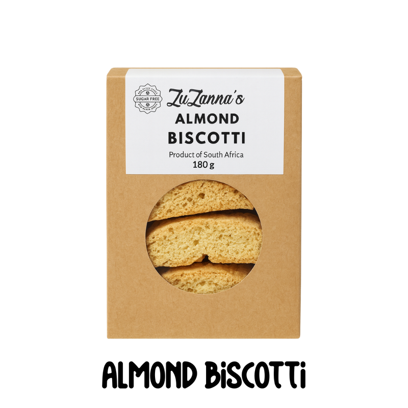 Box of ZuZanna's Sugarfree Almond Biscotti with a clear window showing the cookies inside.