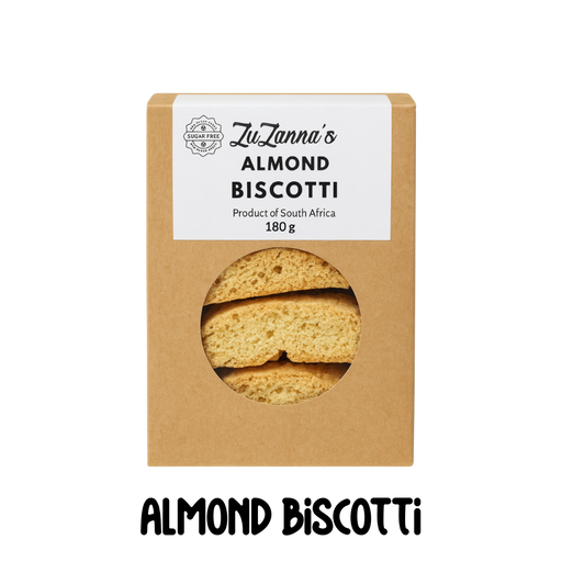 Box of ZuZanna's Sugarfree Almond Biscotti with a clear window showing the cookies inside.
