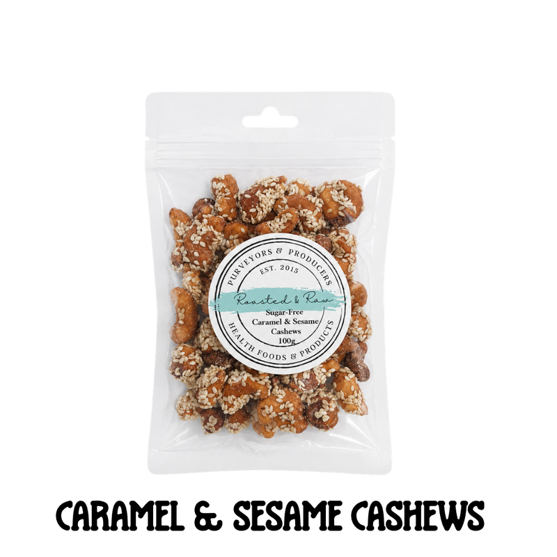 Packaged sugarfree caramel and sesame cashews with a label on a clear background