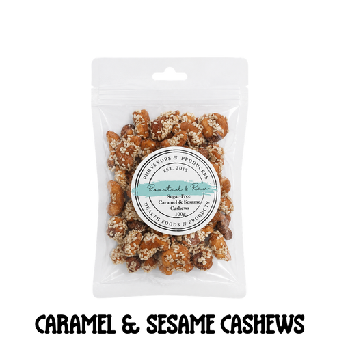 Packaged sugarfree caramel and sesame cashews with a label on a clear background