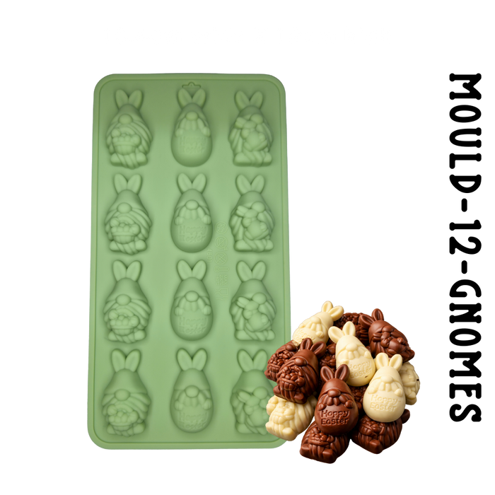 Silicone easter chocolate or soap mould with gnome and bunny shapes with chocolate treats displayed below.