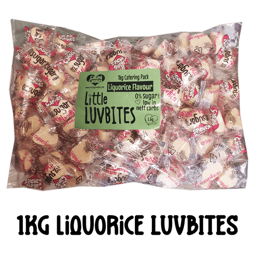 1kg catering pack of caring candies sugar free little luvbites white chocolate hearts in a liquorice flavour