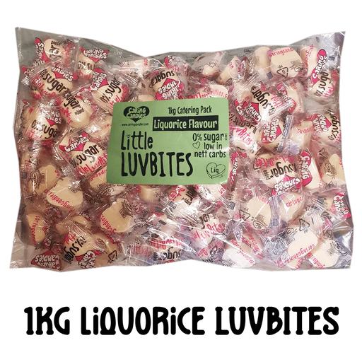 1kg catering pack of caring candies sugar free little luvbites white chocolate hearts in a liquorice flavour