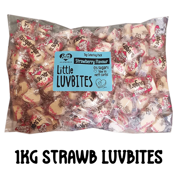 Bulk 1kg catering pack of caring candies sugarfree little luvbites white chocolate hearts strawberry flavoured