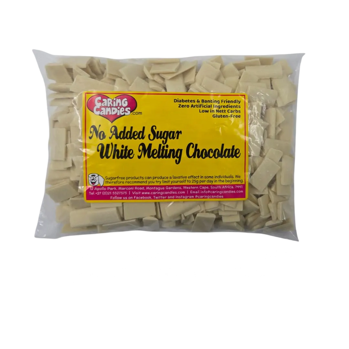 Bag of 1kg premium sugar-free white chocolate for melting and baking