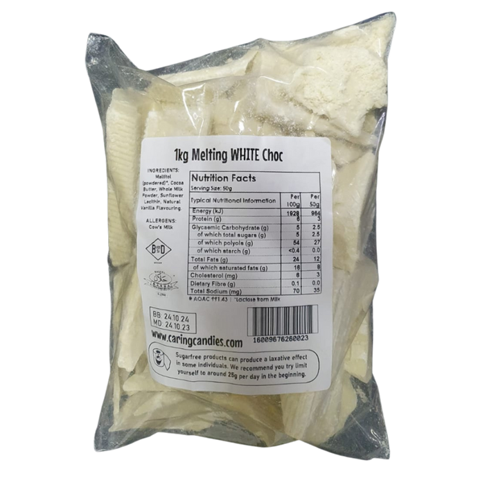 1kg No Added Sugar White Chocolate by Caring Candies, which is ideal for baking or home made treats suitable for diabetics, and those following a low carb, or keto diet