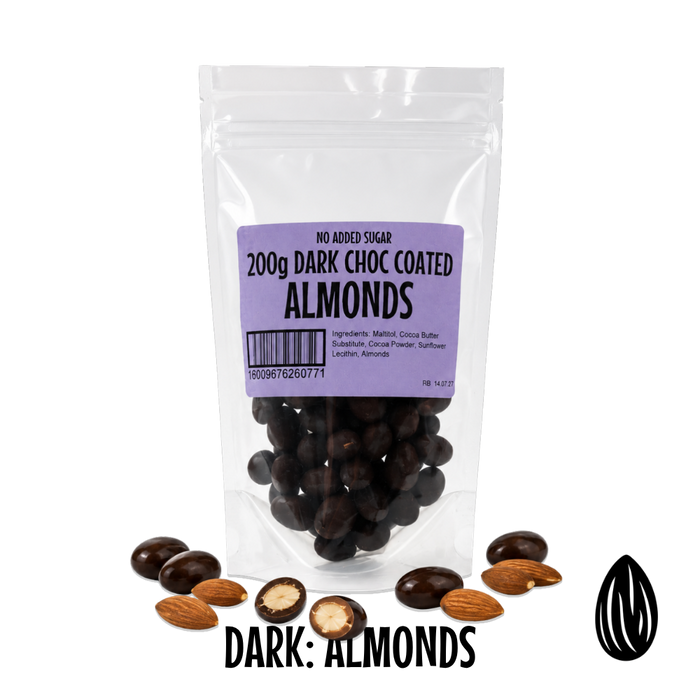 Packaging of no added sugar dark chocolate-coated almonds with a visible label on a white background