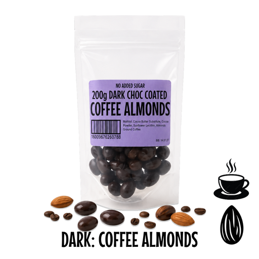 Packaging of no added sugar dark chocolate-coated coffee almonds with a purple label on a white background.