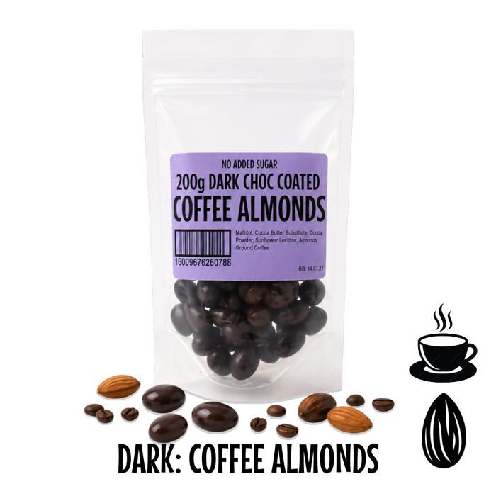 Packaging of no added sugar dark chocolate-coated coffee almonds with a purple label on a white background.