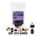 Packaging of no added sugar dark chocolate-coated coffee almonds with a purple label on a white background.