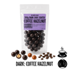 Packaged  no added sugar dark chocolate-coated coffee hazelnuts with a clear bag and visible label on a clear background.
