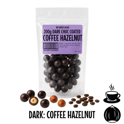 Packaged  no added sugar dark chocolate-coated coffee hazelnuts with a clear bag and visible label on a clear background.