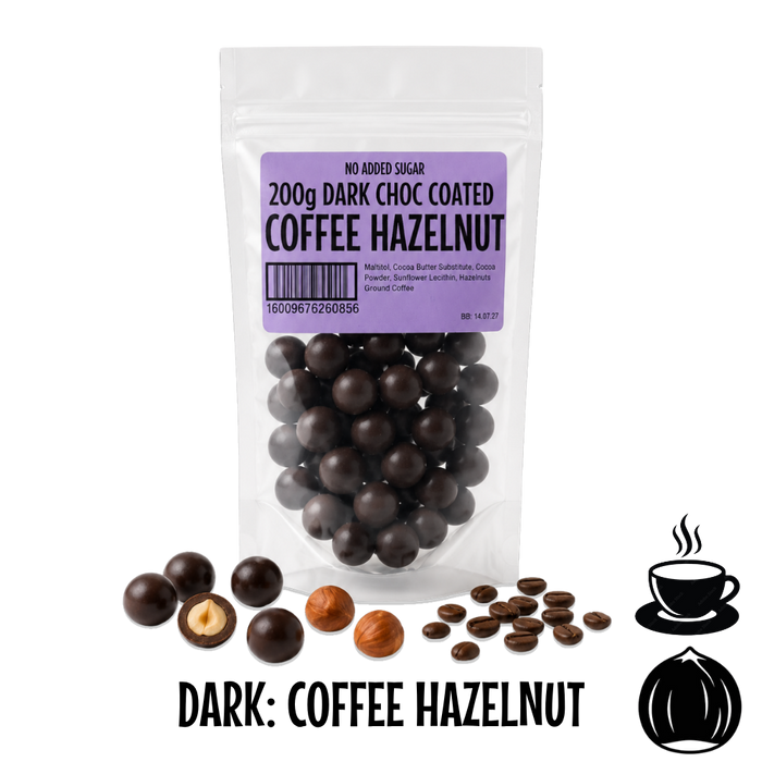 Packaged  no added sugar dark chocolate-coated coffee hazelnuts with a clear bag and visible label on a clear background.