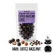 Packaged  no added sugar dark chocolate-coated coffee hazelnuts with a clear bag and visible label on a clear background.