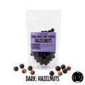 Packaging of  no added sugar dark chocolate-coated hazelnuts with a purple label on a white background.