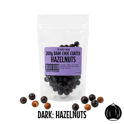 Packaging of  no added sugar dark chocolate-coated hazelnuts with a purple label on a white background.