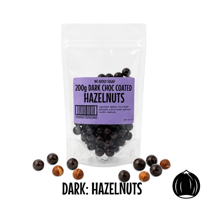 Packaging of  no added sugar dark chocolate-coated hazelnuts with a purple label on a white background.