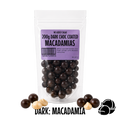 Packaged  no added sugar dark chocolate-coated macadamias with a visible brand logo on a clear background.