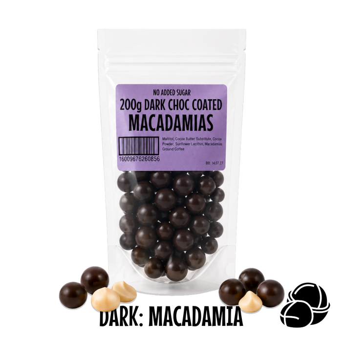 Packaged  no added sugar dark chocolate-coated macadamias with a visible brand logo on a clear background.