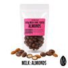 Packaged no added sugar milk chocolate-coated almonds with a pink label on a white background