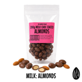 Packaged no added sugar milk chocolate-coated almonds with a pink label on a white background