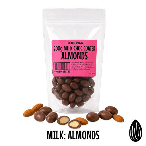 Packaged no added sugar milk chocolate-coated almonds with a pink label on a white background