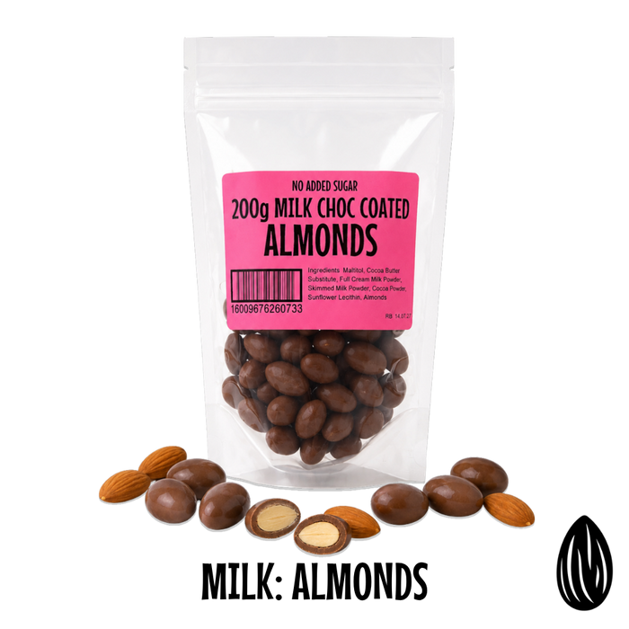 Packaged no added sugar milk chocolate-coated almonds with a pink label on a white background