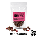 Packaged no added sugar milk chocolate coated cranberries with a pink label on a white background