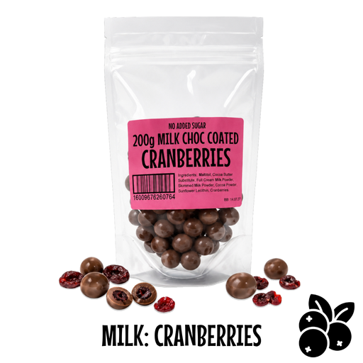 Packaged no added sugar milk chocolate coated cranberries with a pink label on a white background