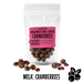 Packaged no added sugar milk chocolate coated cranberries with a pink label on a white background