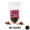 Packaged no added sugar milk chocolate-coated hazelnuts with a pink label on a white background