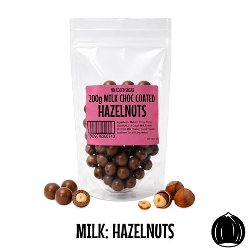 Packaged no added sugar milk chocolate-coated hazelnuts with a pink label on a white background