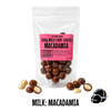 Packaged no added sugar milk chocolate-coated macadamia nuts with a pink label on a white background.