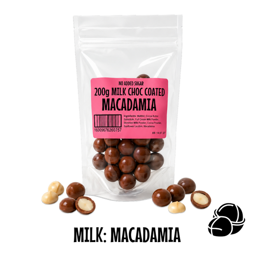 Packaged no added sugar milk chocolate-coated macadamia nuts with a pink label on a white background.