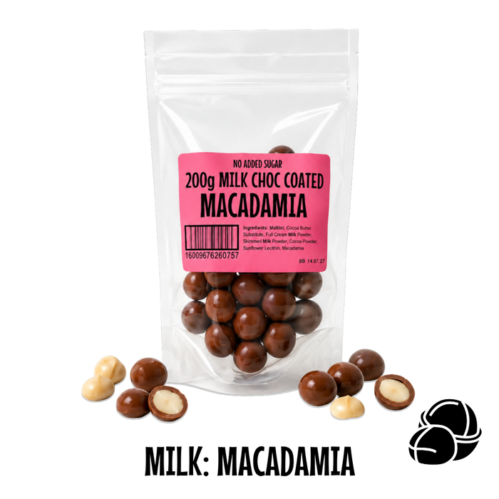 Packaged no added sugar milk chocolate-coated macadamia nuts with a pink label on a white background.