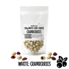 Packaging of no added sugar white chocolate coated cranberries with visible cranberries on a clear background