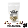 Packaging of no added sugar white chocolate coated cranberries with visible cranberries on a clear background
