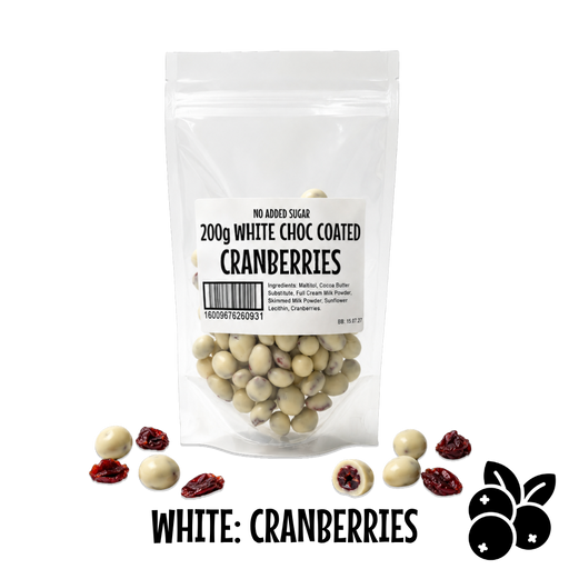 Packaging of no added sugar white chocolate coated cranberries with visible cranberries on a clear background