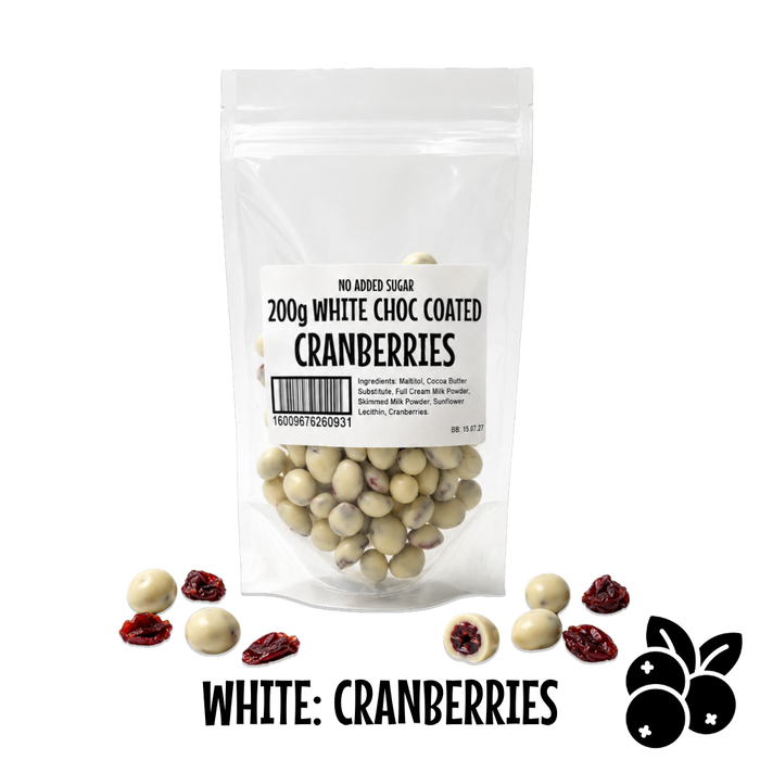 Packaging of no added sugar white chocolate coated cranberries with visible cranberries on a clear background