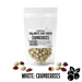 Packaging of no added sugar white chocolate coated cranberries with visible cranberries on a clear background