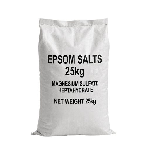 White bag of 25kg epsom salts with black text on a clear background
