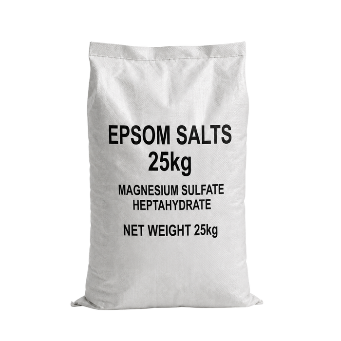 White bag of 25kg epsom salts with black text on a clear background