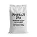 White bag of 25kg epsom salts with black text on a clear background