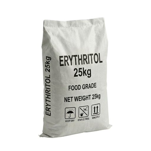 White bag of 25kg erythritol with black text on a clear background