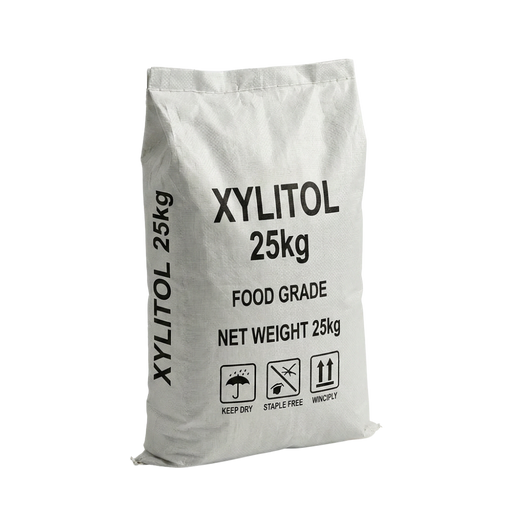 White bag of 25kg xylitol with black text on a clear background
